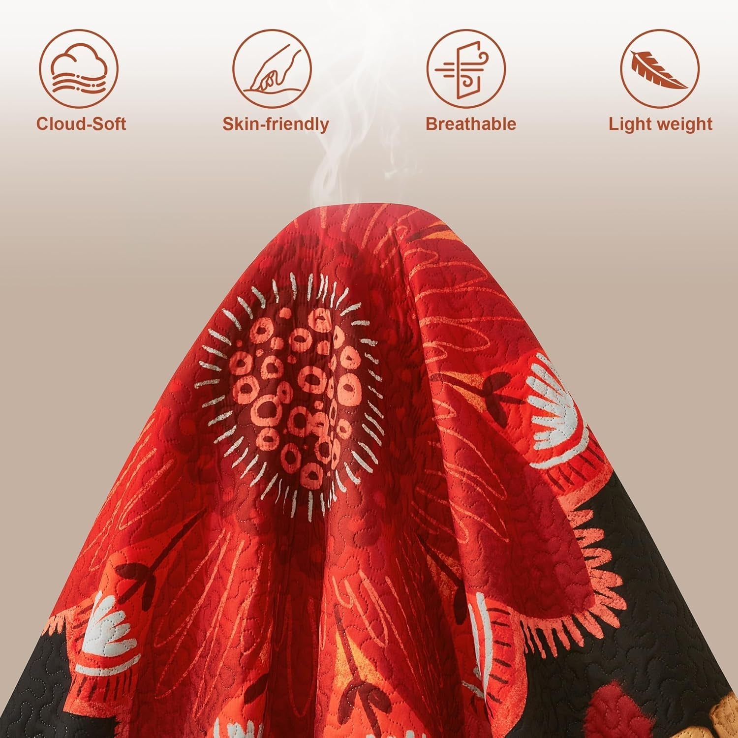 3 Piece Black Red Boho Floral Full/Queen Quilt Sets, Farmhouse Reversible Lightweight Bedspread Coverlet with 2 Shams,Set for All Season, 90''X96''
