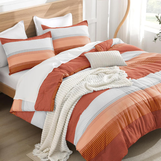 Burnt Orange California King Comforter Set - 3 Pieces Boho Terracotta Cal King Oversized Lightweight Summer Rust Color block Stripe Bedding Set (104X96In)