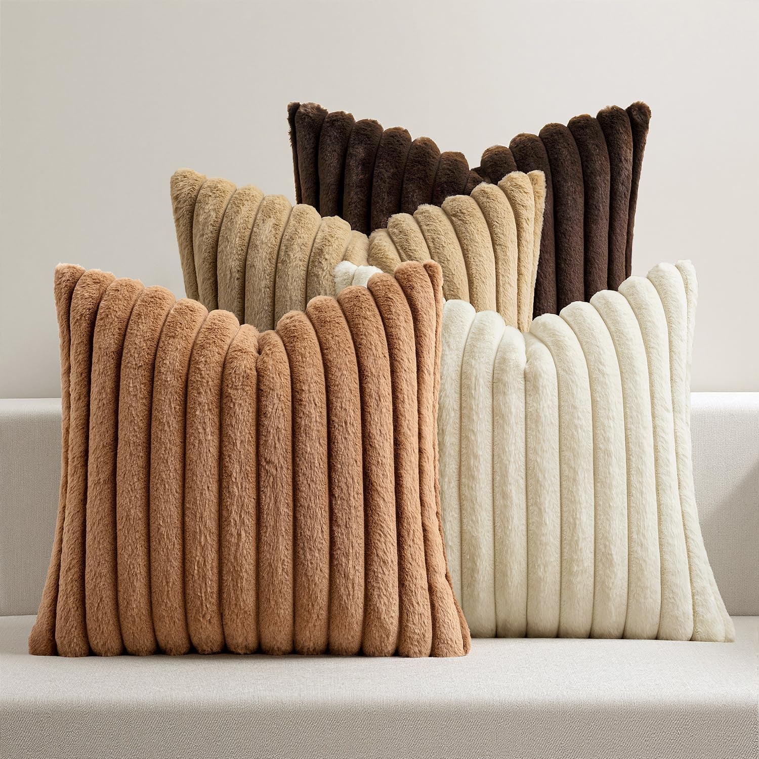 Faux Fur Plush Decorative Throw Pillow Covers 18X18 Set of 4,Brown