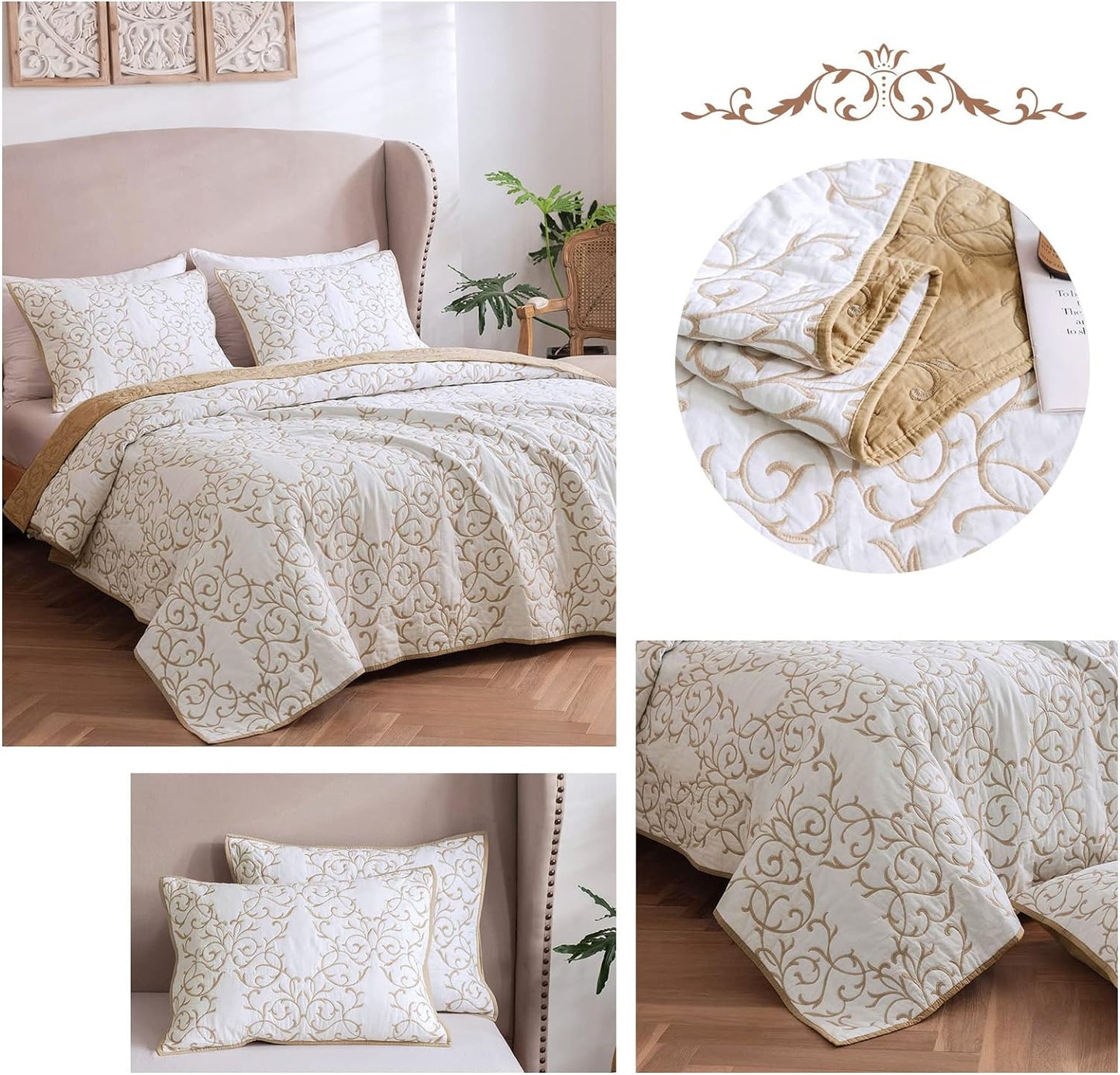 Quilt King Size Reversible Soft Cotton 3-Piece Beige Embroidery Pattern, Elegant