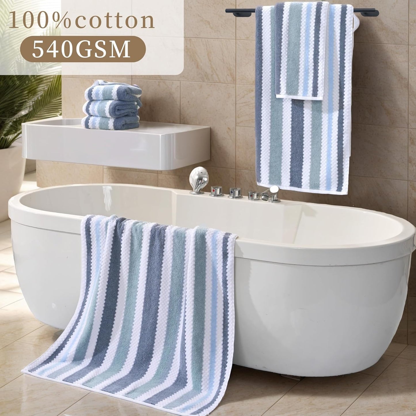 Thick Waffle Towels for Bathroom - Cotton, 6 Piece, Blue Gray Striped and White Checkered