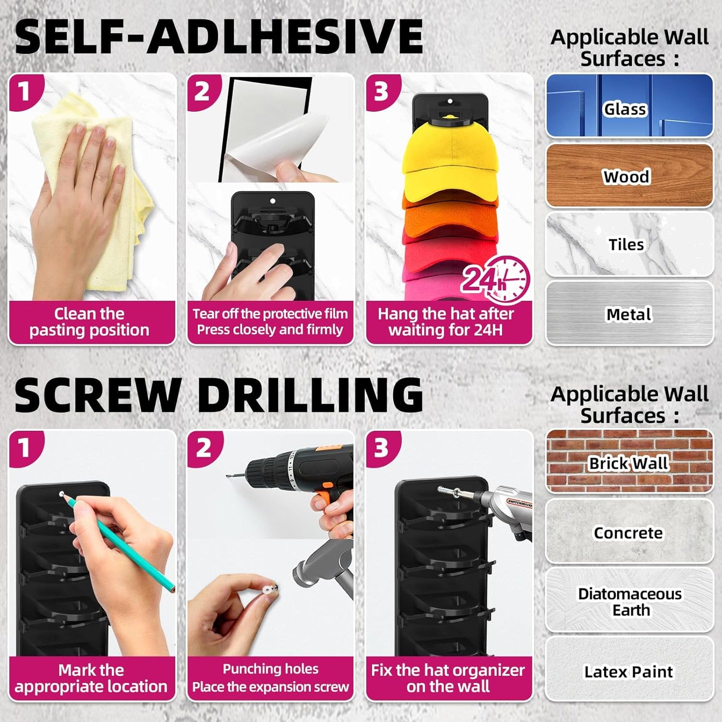 Spring-Loaded Hat Organizer for Baseball Caps (2 Pack) – Holds 20 Caps, Quick Insert & Smooth Release with Secure Hold, Wall Mount – Black