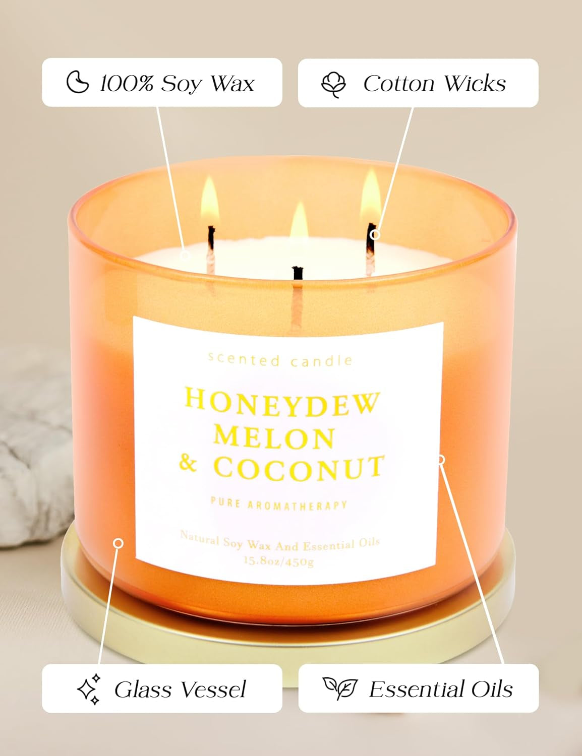 Honeydew Melon & Coconut Candle - Large 3 Wick Scented Soy Candle ,15.8 Oz