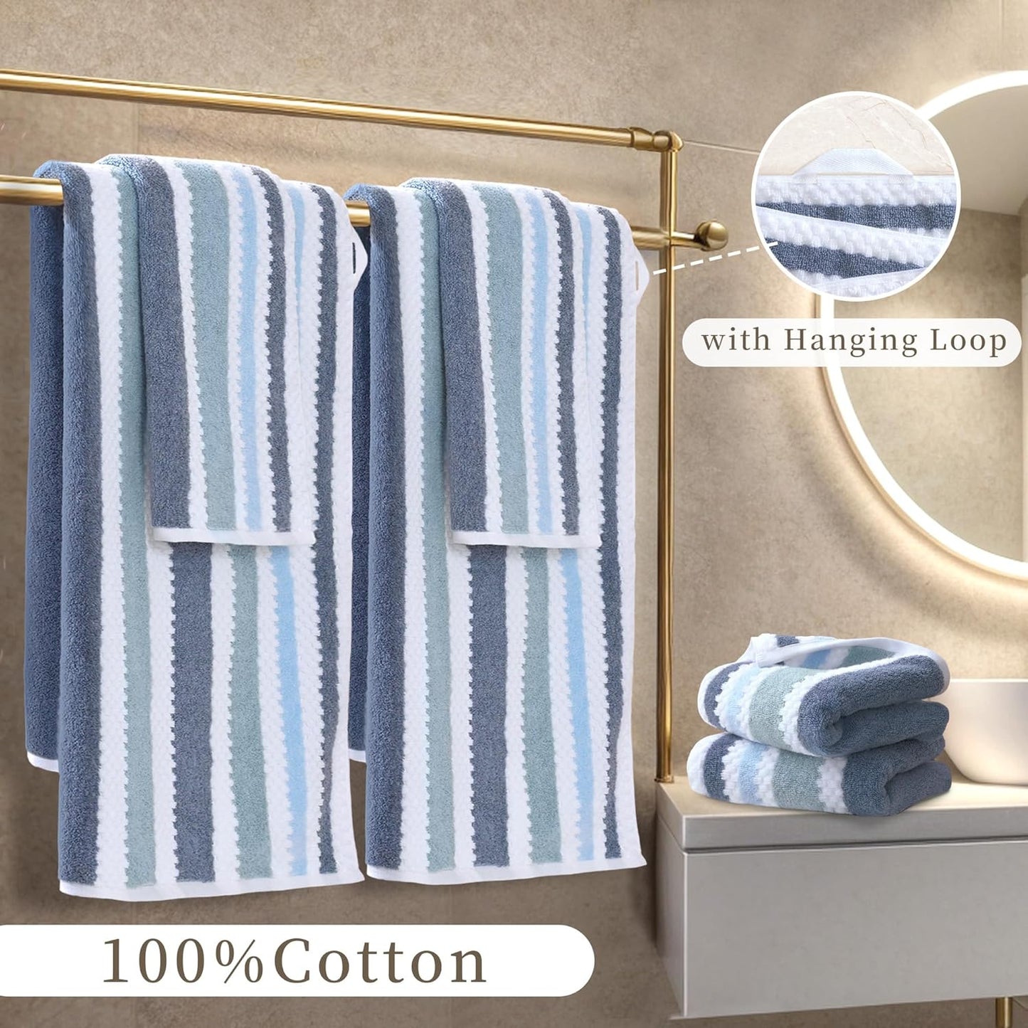 Thick Waffle Towels for Bathroom - Cotton, 6 Piece, Blue Gray Striped and White Checkered