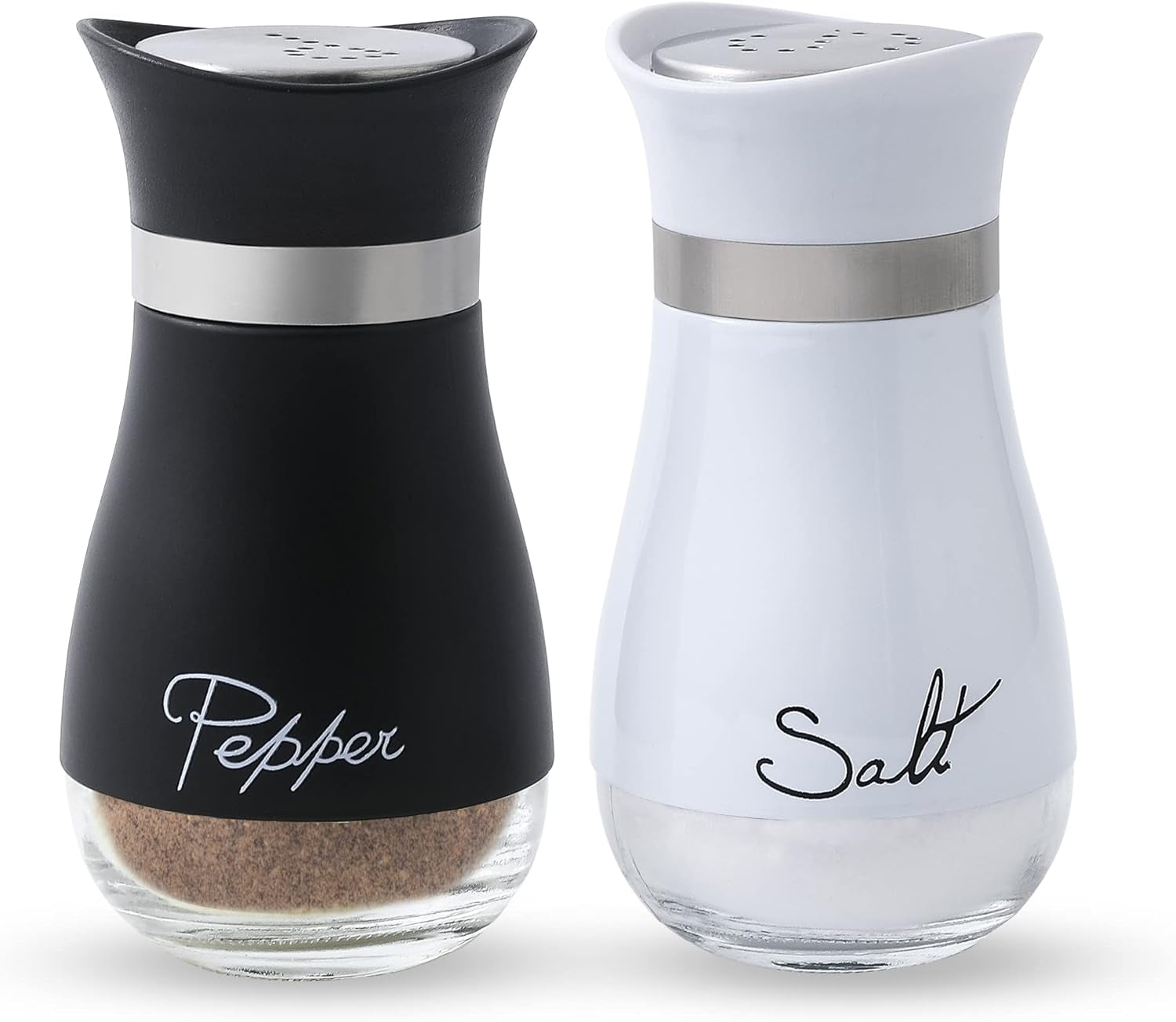 Salt and Pepper Shakers Set - Salt Containers for Kitchen Decor, 4 Oz Glass Bottom, Black and White, Set of 2