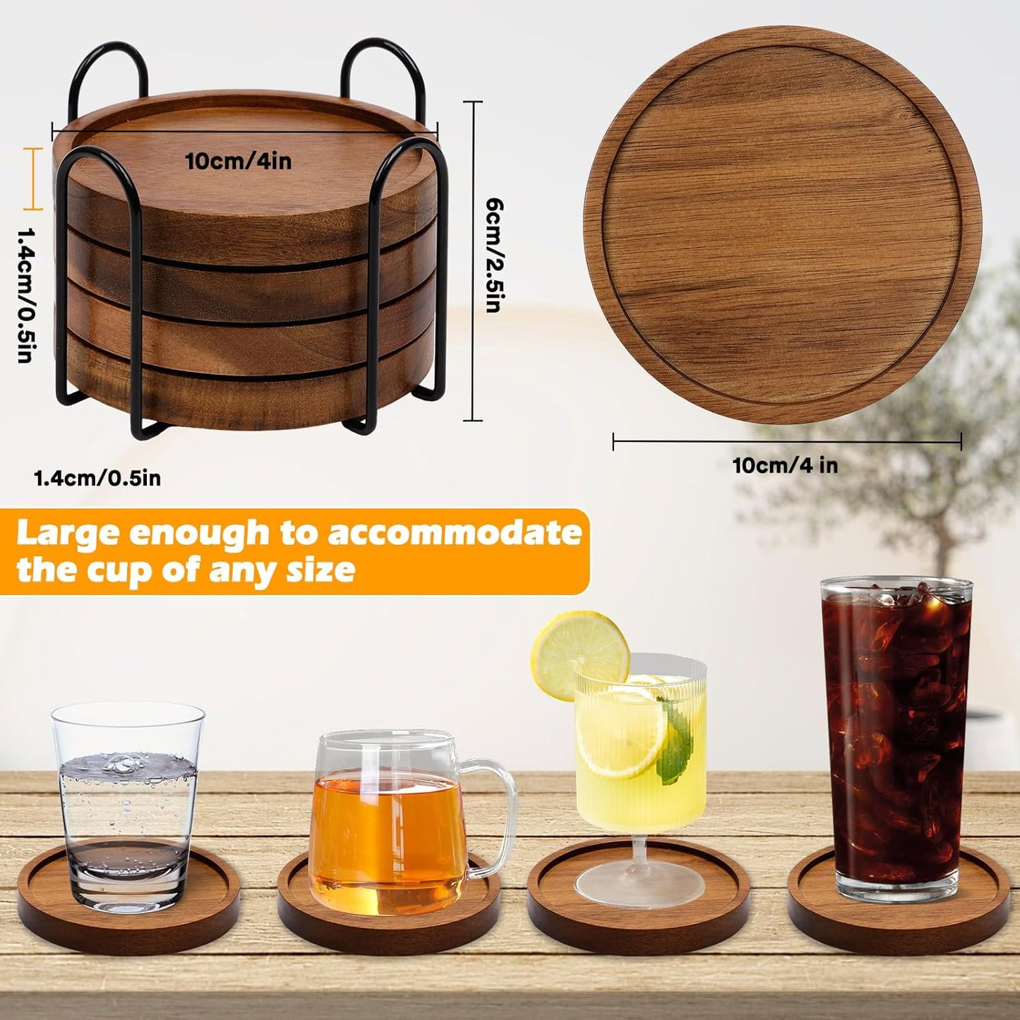 4 Pcs Wood Coasters for Drinks Absorbent, Wooden Coasters with Holder