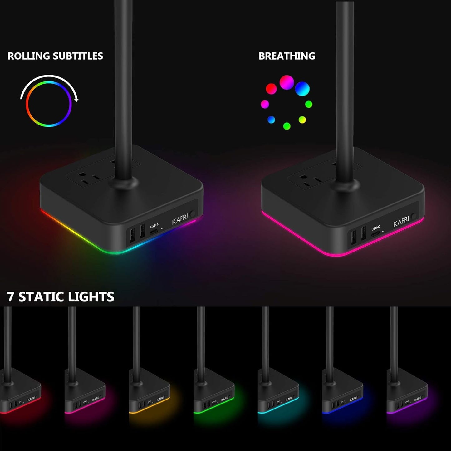 RGB Headphone Stand with USB A&C Charger Desk Gaming Headset Holder Hanger Rack with 3 USB Charging Port and 2 Outlet 