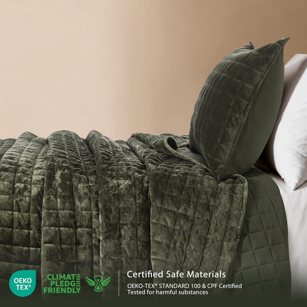 Channel Box Stitch Velvet Quilt Bedding Set, Queen, Olive Green