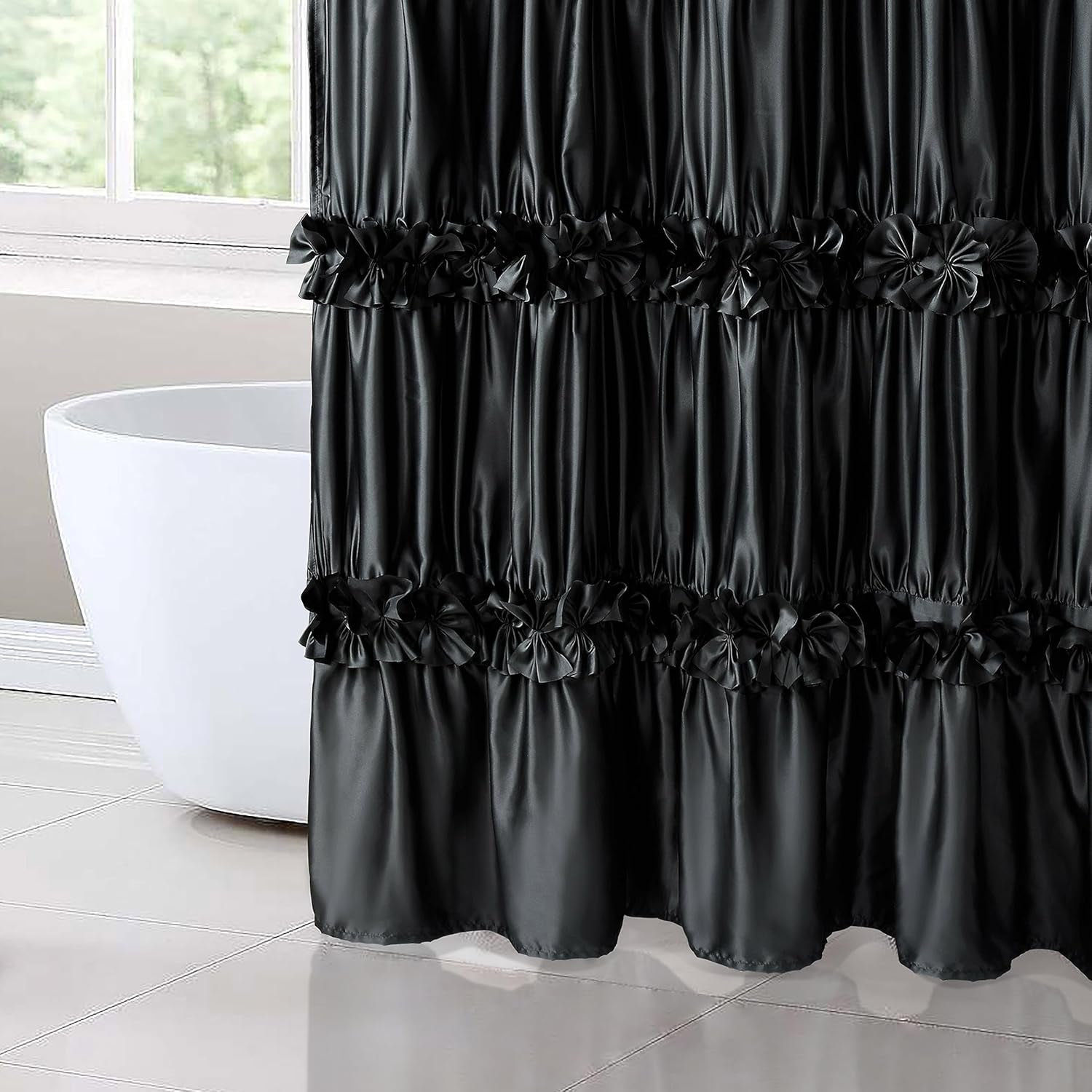 Black Ruffle Shower Curtain, Vintage Handcrafted Satin Curtain with 12 Buttonholes, 72" W X 72" H (LQ-10)