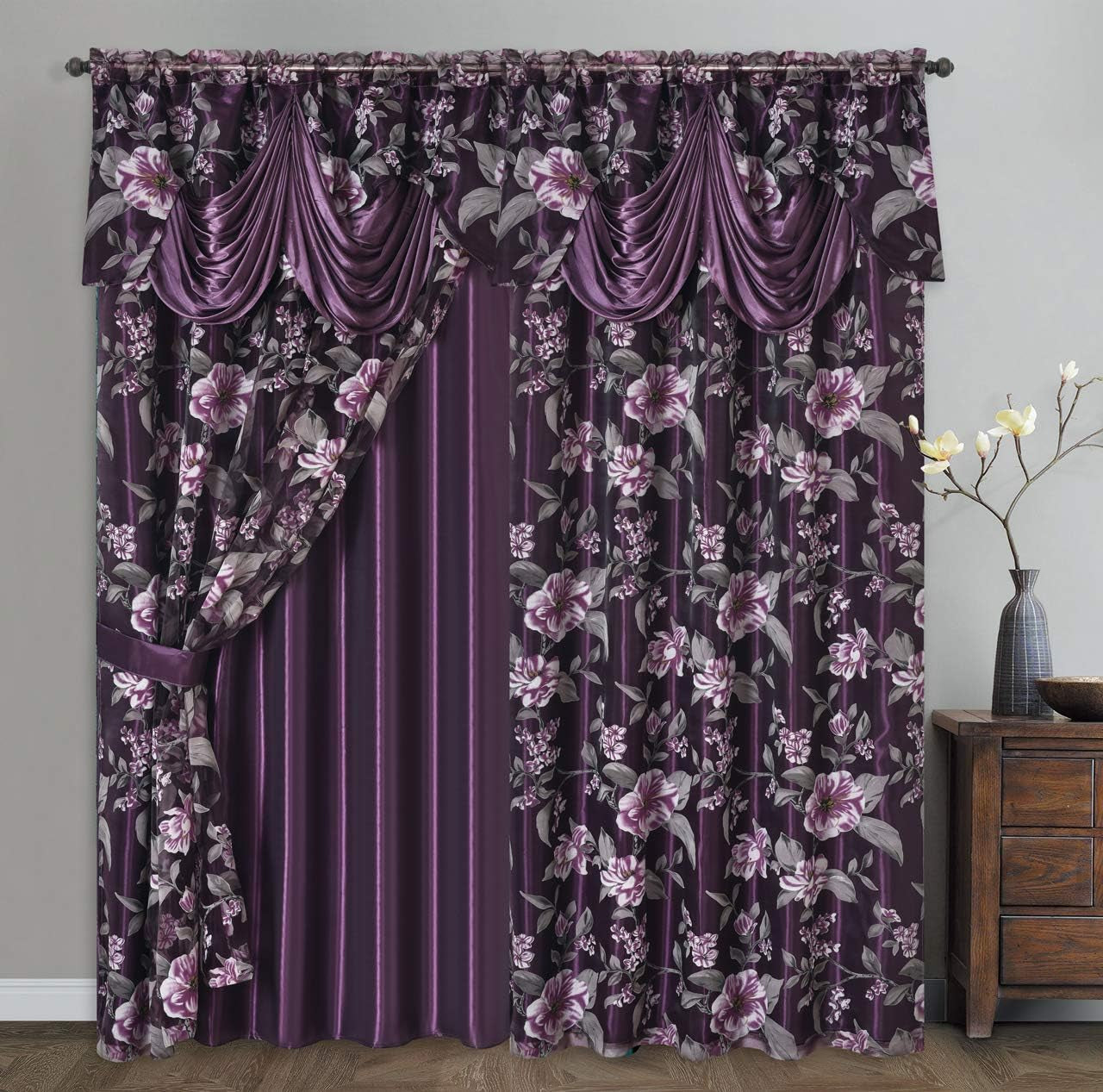 GOHD Roman Romance. Burnt-Out Printed Organza Window Curtain Panel Drape with Attached Fancy Valance and Taffeta Backing (Purple, 55 X 84 Inches + Attached Valance X 2Pcs)