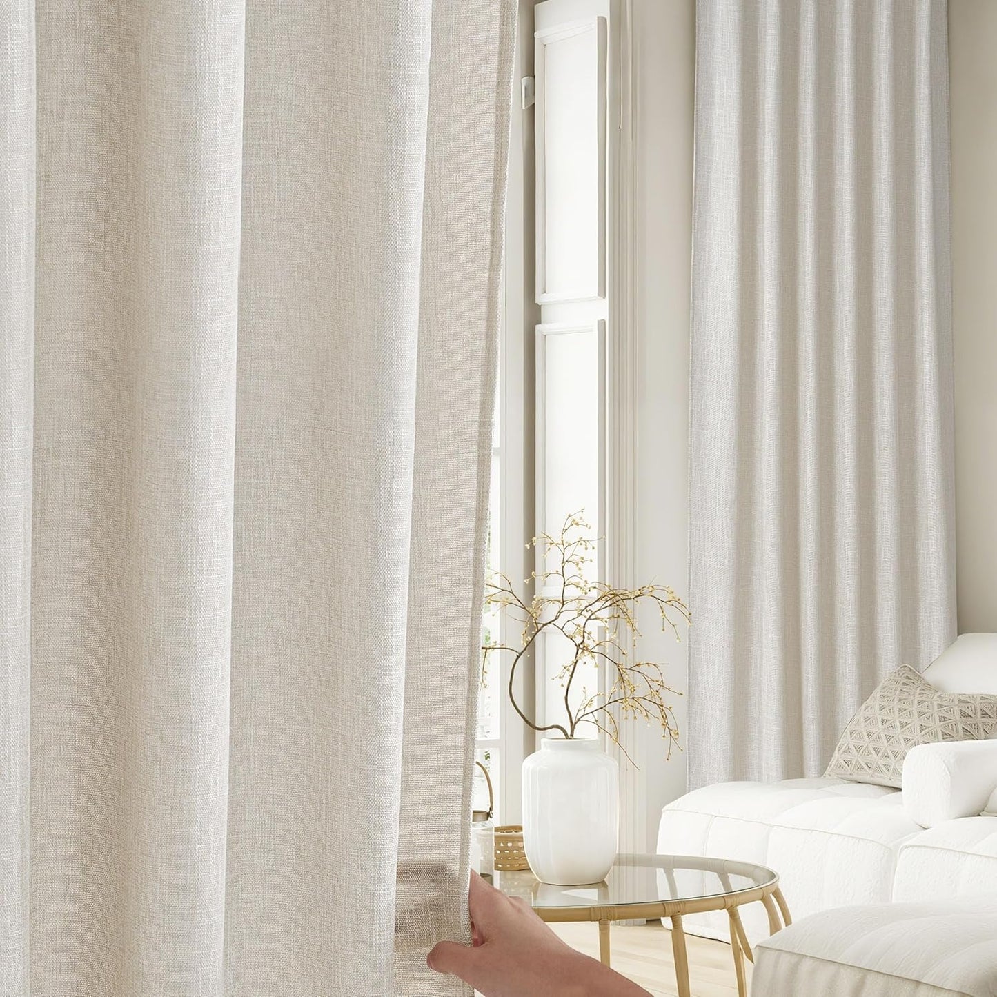 Linen Curtains Farmhouse 84 Inches Long 2 Panels Set, Fog Grey Thick Living Room Faux Linen Blend with Light Fi