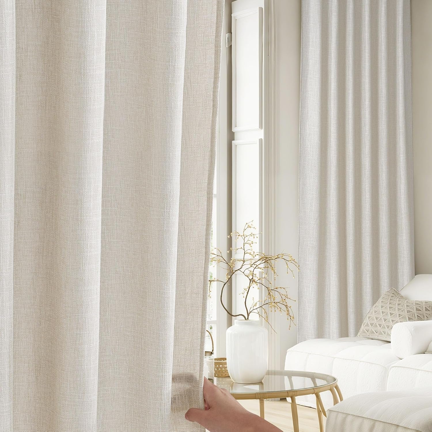Linen Curtains Farmhouse 84 Inches Long 2 Panels Set, Fog Grey Thick Living Room Faux Linen Blend with Light Fi
