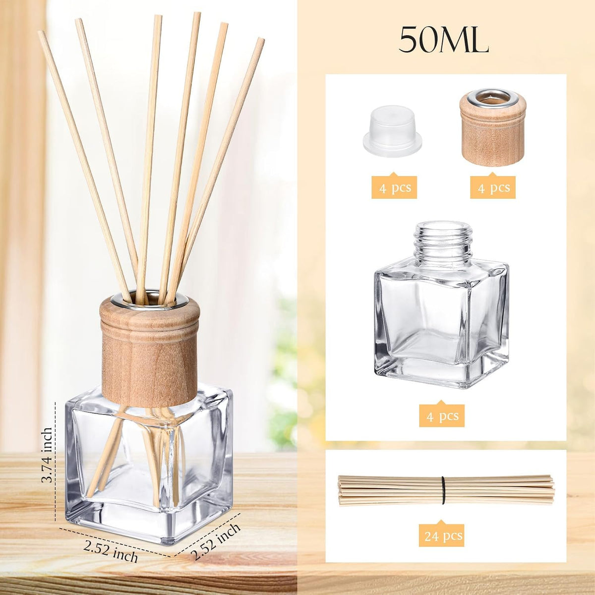 4 Set Reed Diffuser Bottles 50Ml Glass Wooden Caps Rattan Sticks