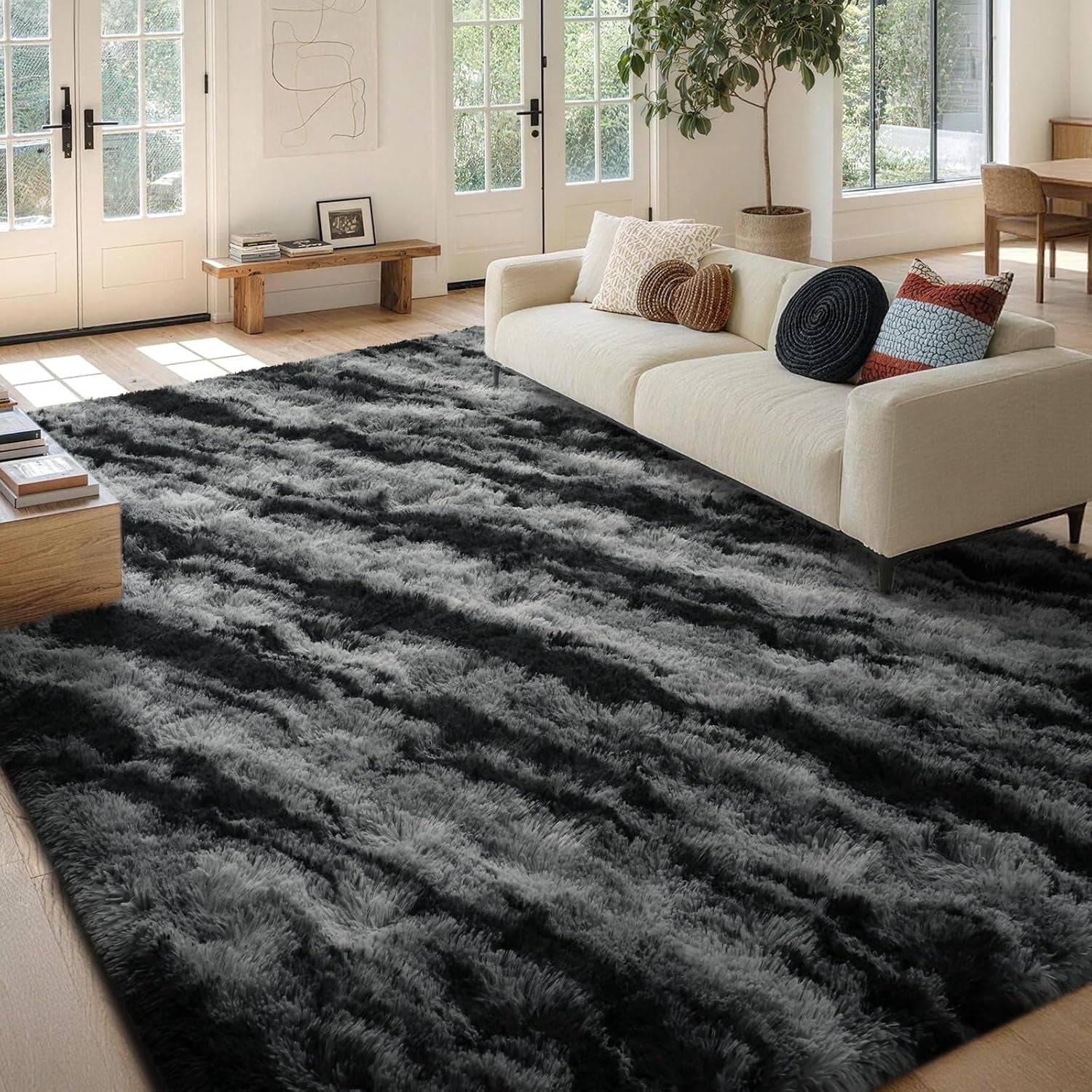 Fluffy Area Rug,4X6 Non-Slip (Tie-Dye Striped Black) 