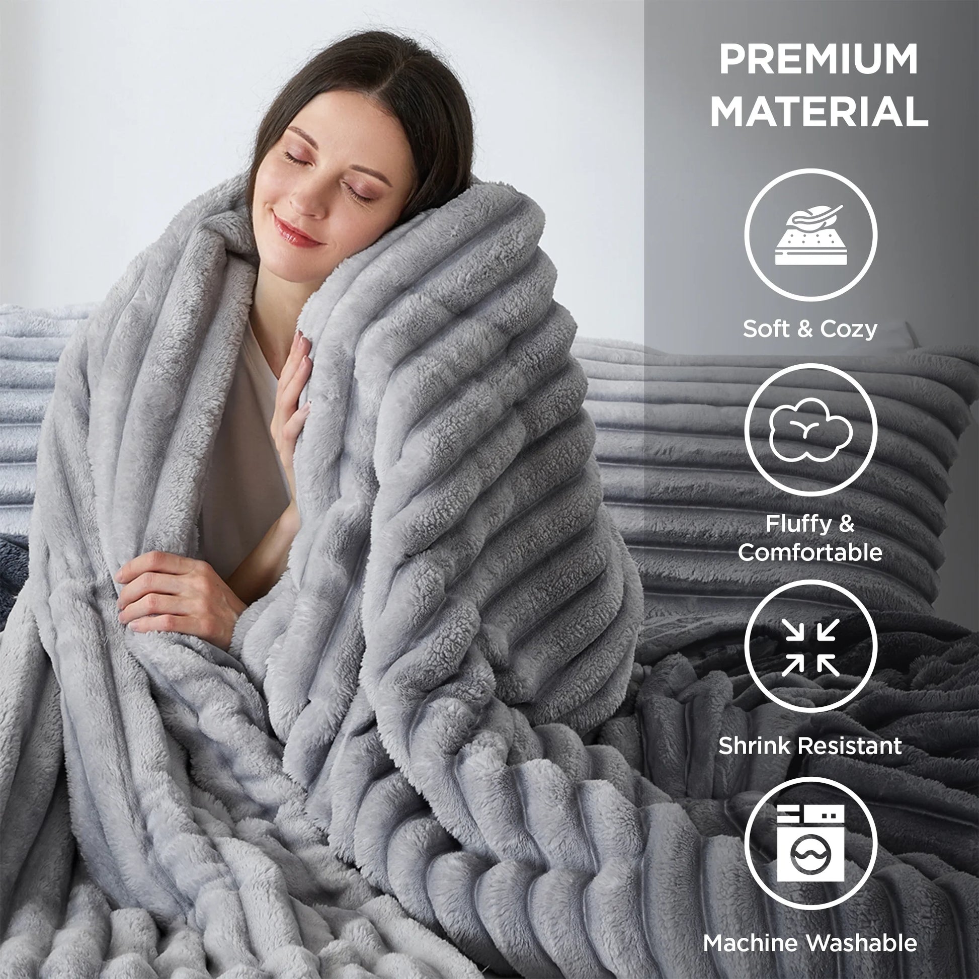Full/Queen Size Comforter Set, Fluffy Ribbed Plush Comforter Set, 3-Piece Bedding Set, Grey Ombre