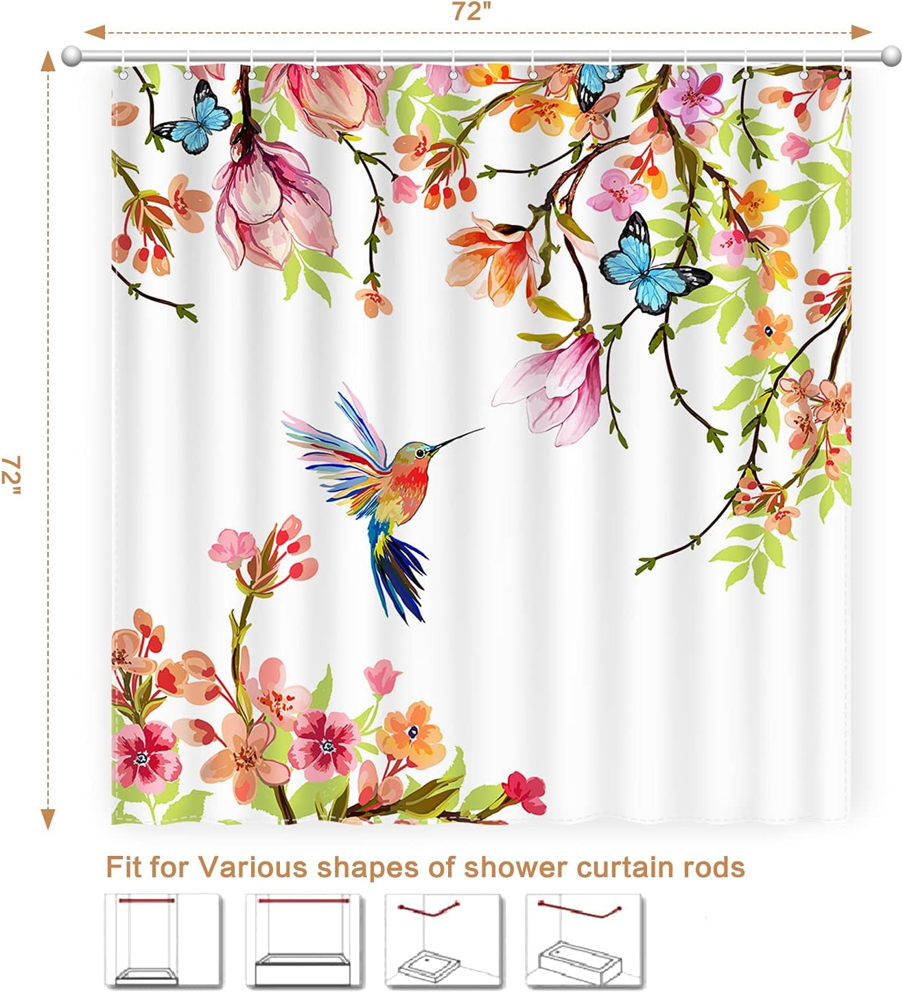 Watercolor Hummingbird Floral Shower Curtain, Spring Pink Peach Blossom Butterfly Bird, Waterproof Polyester Fabric with Hooks, 72 X 72 Inches