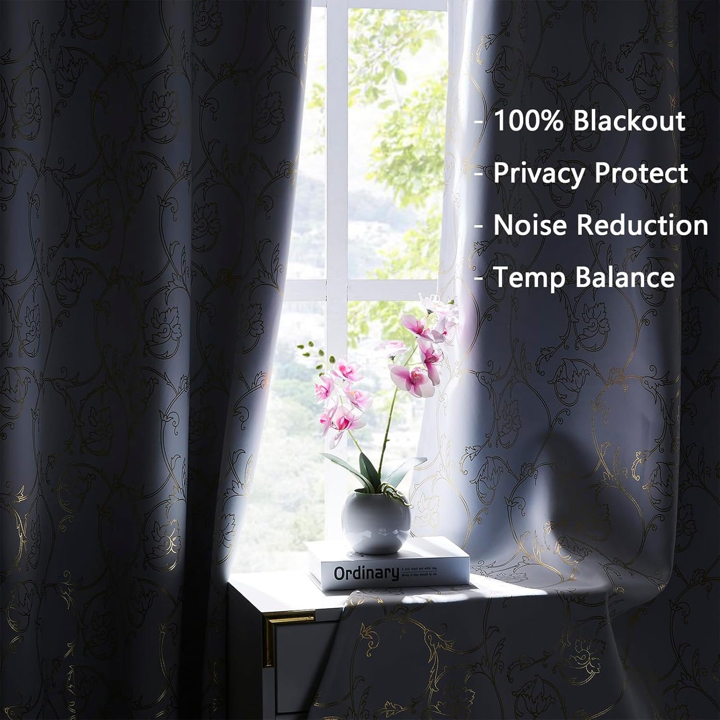 100% Blackout Curtains 84 Inches Long, Gold Floral Foil Pattern Drapes, 2 Panel Sets, Silvery White