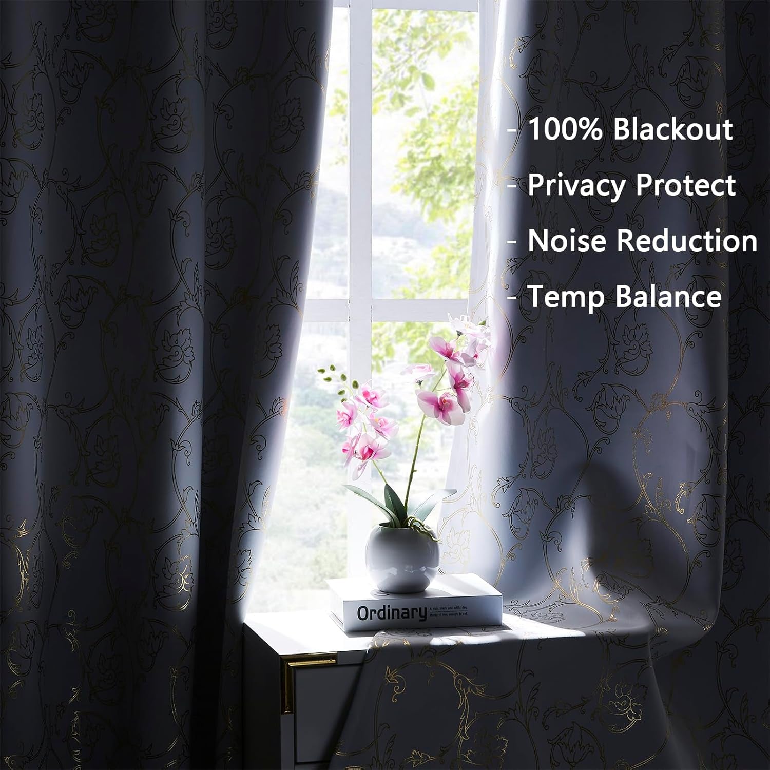 100% Blackout Curtains 84 Inches Long, Gold Floral Foil Pattern Drapes, 2 Panel Sets, Silvery White