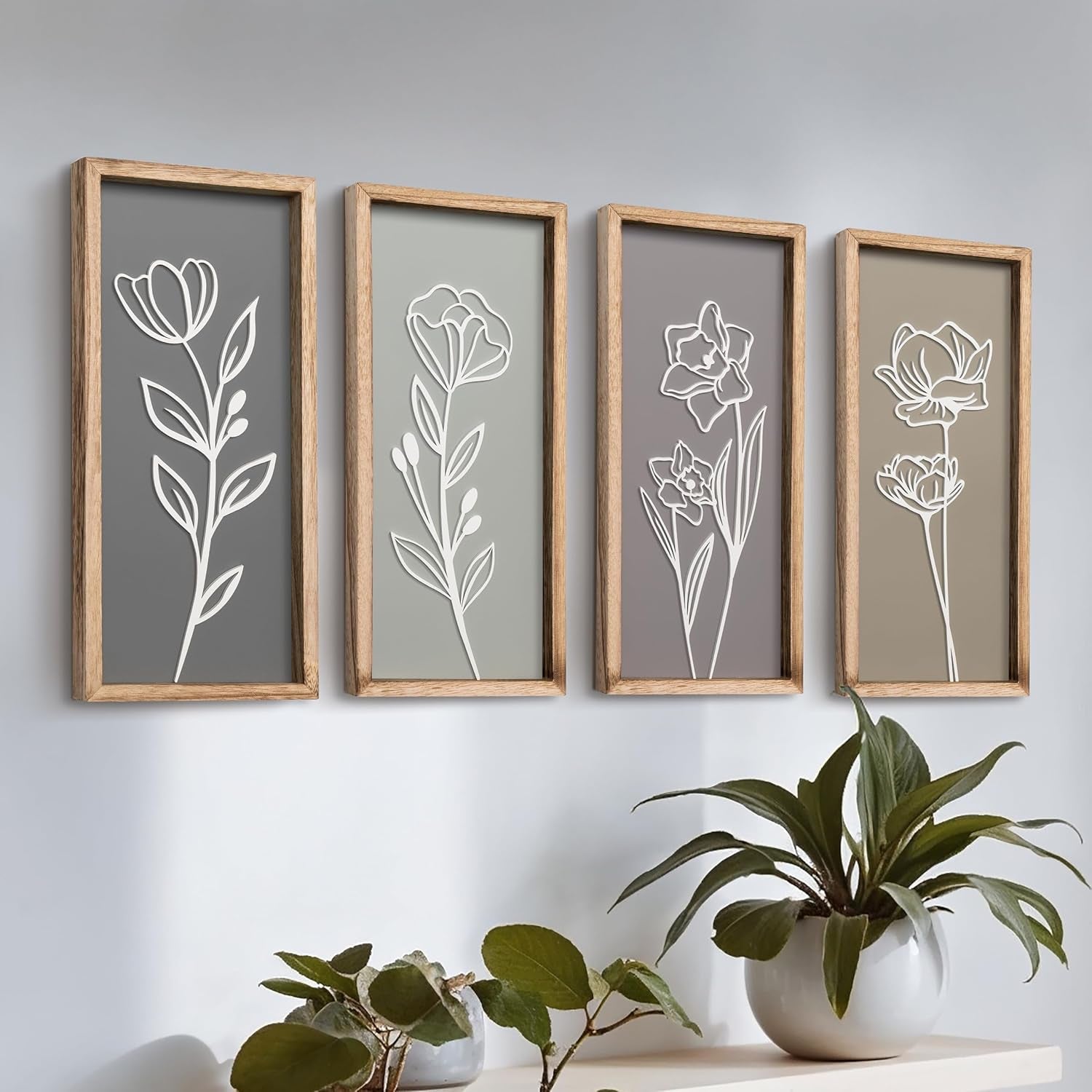 3D Wooden Floral Bathroom Wall Decor (Set of 4) Lightweight, Ready-To-Hang Framed Wall Art for Bedroom - Premium Boho Botanical Farmhouse Decorations