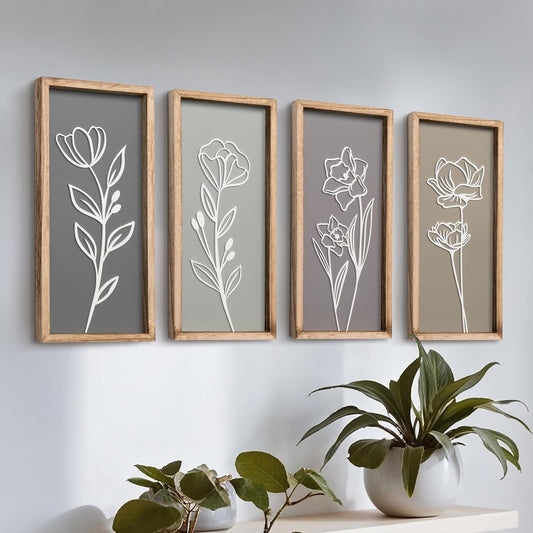 3D Wooden Floral Bathroom Wall Decor (Set of 4) Lightweight, Ready-To-Hang Framed Wall Art for Bedroom - Premium Boho Botanical Farmhouse Decorations