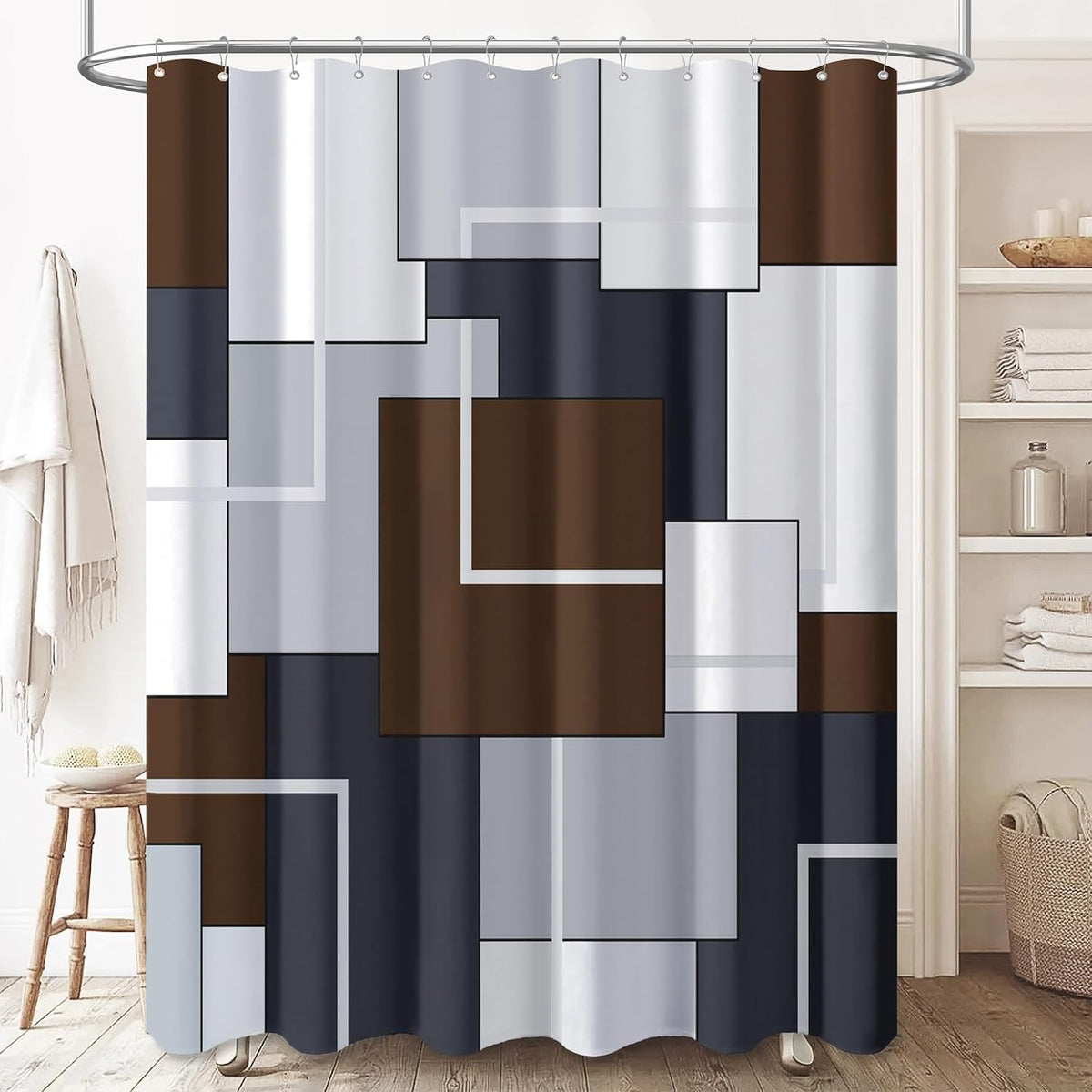Brown Long Modern Geometric Waterproof Fabric Shower Curtain, 72 X 96