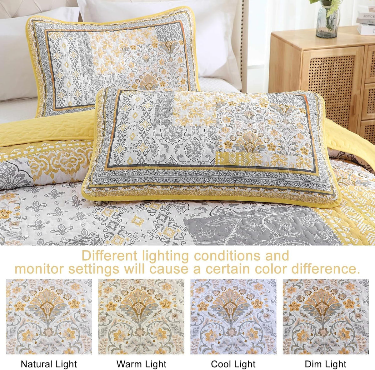Boho Quilt Set Twin, 3 Pcs Yellow Patchwork Bedspread Set