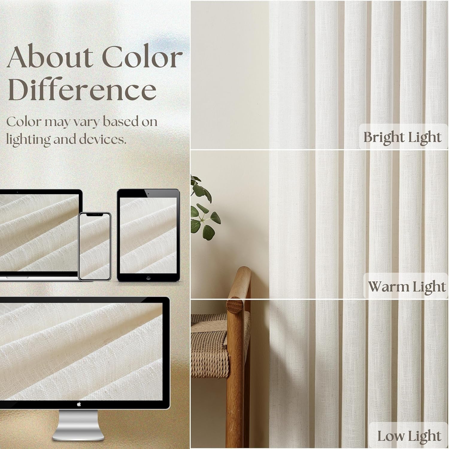 90 Inch Pinch Pleated Linen Curtains 2 Panel Set, Cream Natural Thick Linen Textured Drapes, Ivory Semi Sheer Curtain