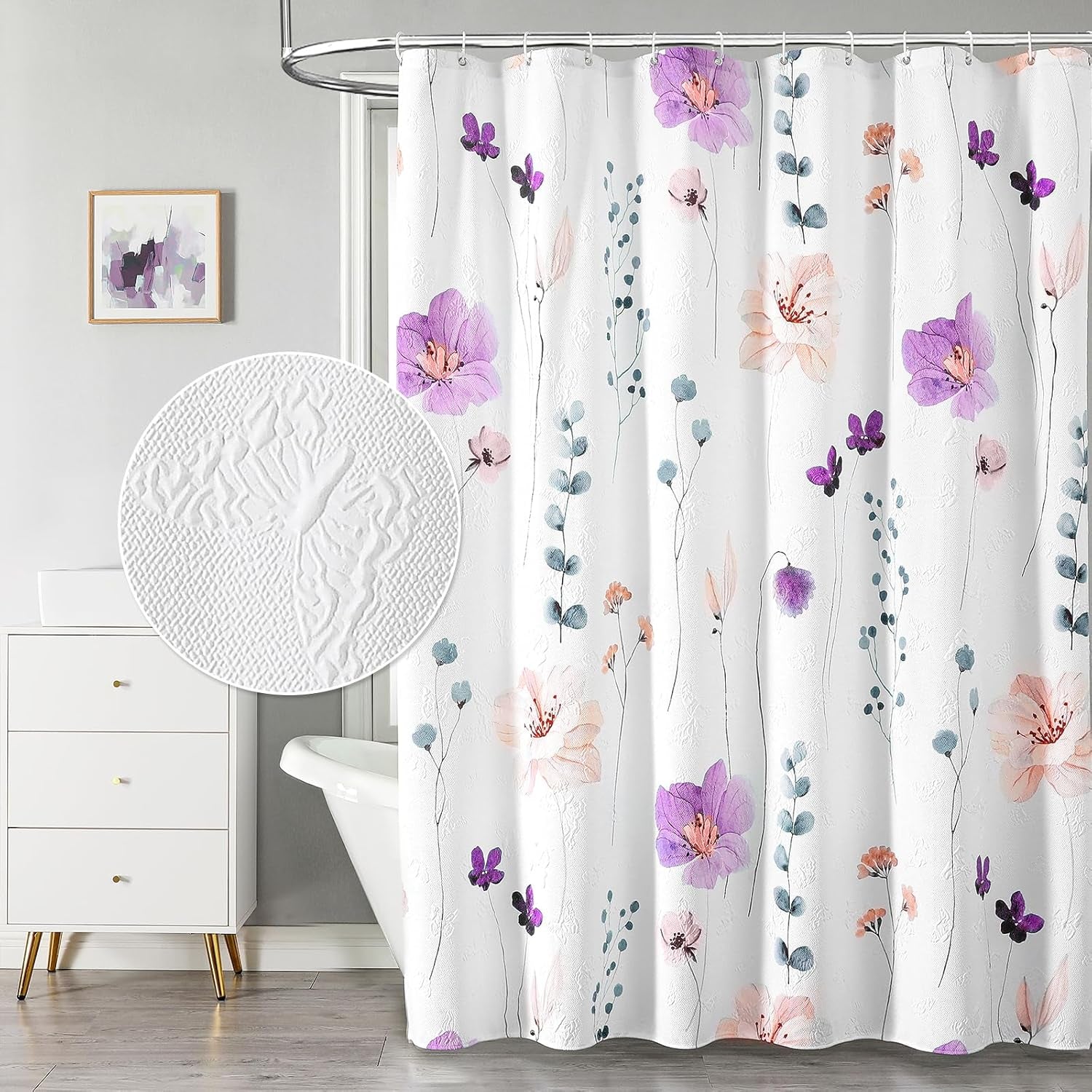Watercolor Floral Shower Curtain, 3D Embossed Butterflies Purple Pink Flower Bathroom Curtain, Minimalist White Cloth with Hooks, 72X72