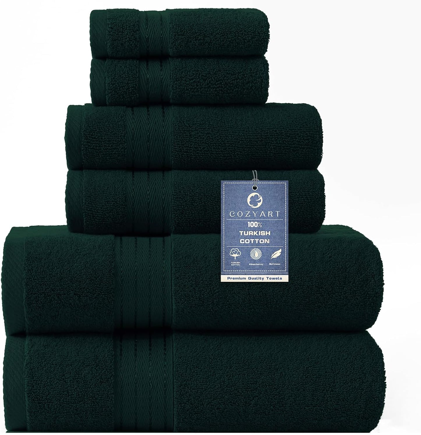 Luxury Bath Towel Set 6 Pcs, Deep Forest Green Turkish Cotton