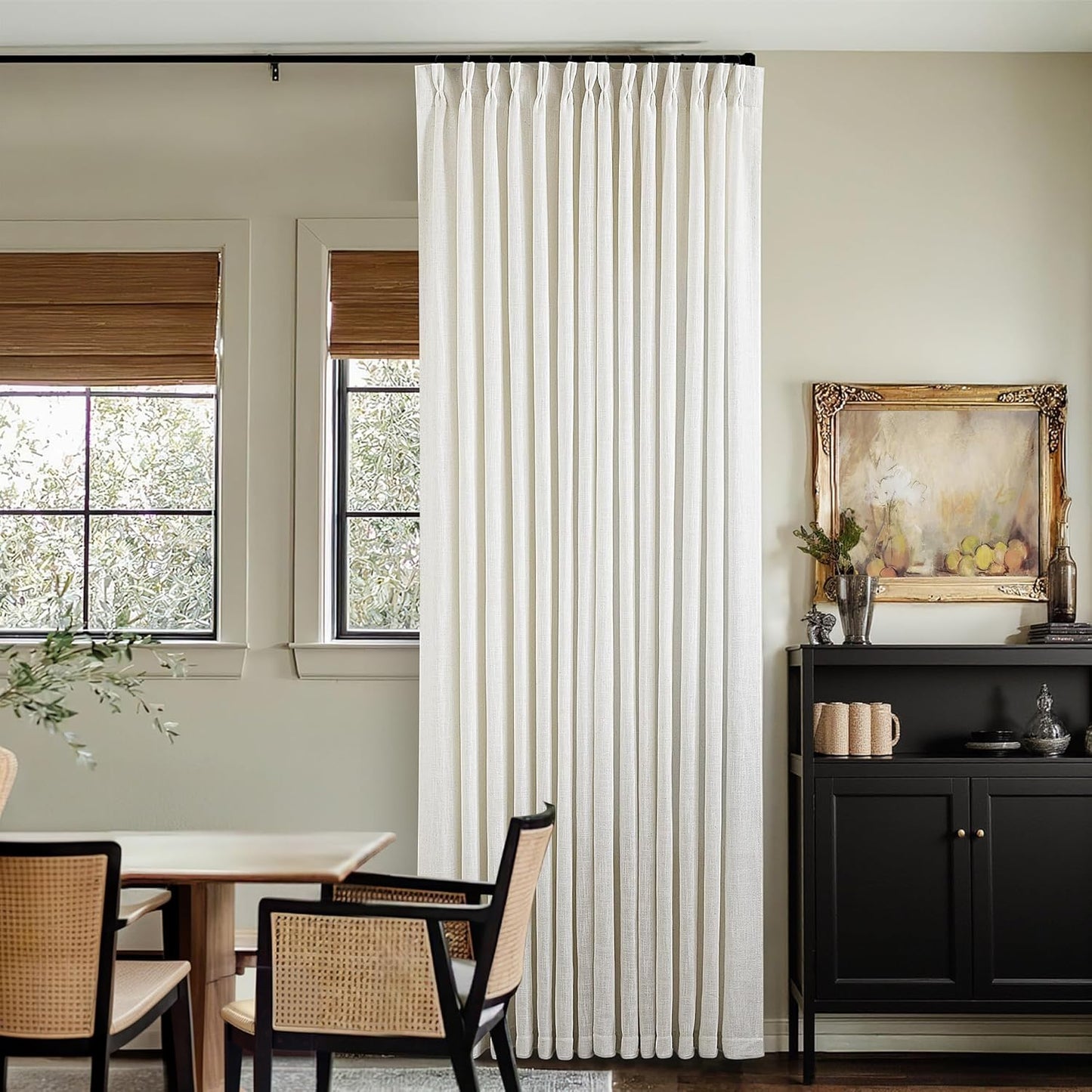 90 Inch Pinch Pleated Linen Curtains 2 Panel Set, Cream Natural Thick Linen Textured Drapes, Ivory Semi Sheer Curtain
