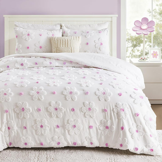 Twin Comforter Set for Girls 2 Pieces Tufted Daisies Flowers. Purple Floral Bedding, Lightweight