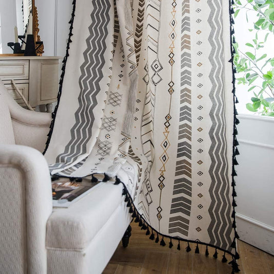 Boho Curtains 2 Panels Aztec Western Semi-Blackout Patterned Rod Pocket Window Treatment Decorative Drapes with Black Tassels for Living Bedroom Closet 63 Inch Length