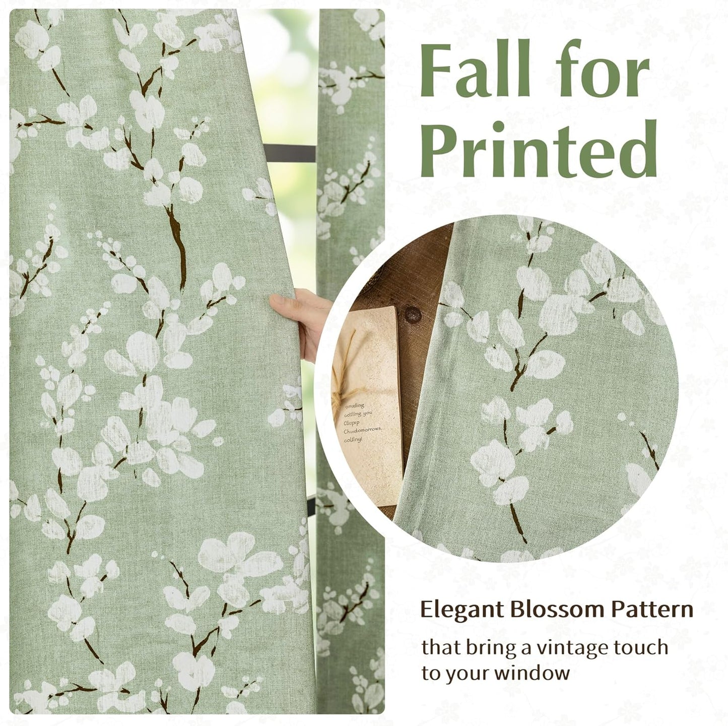 100% Blackout Floral Curtains for Bedroom, Sage Green Curtains 63 Inch Length Blossom Patterned for Living Room, Thermal Insulated Farmhouse Drapes, Rod Pocket 2 Panels (White on Green)