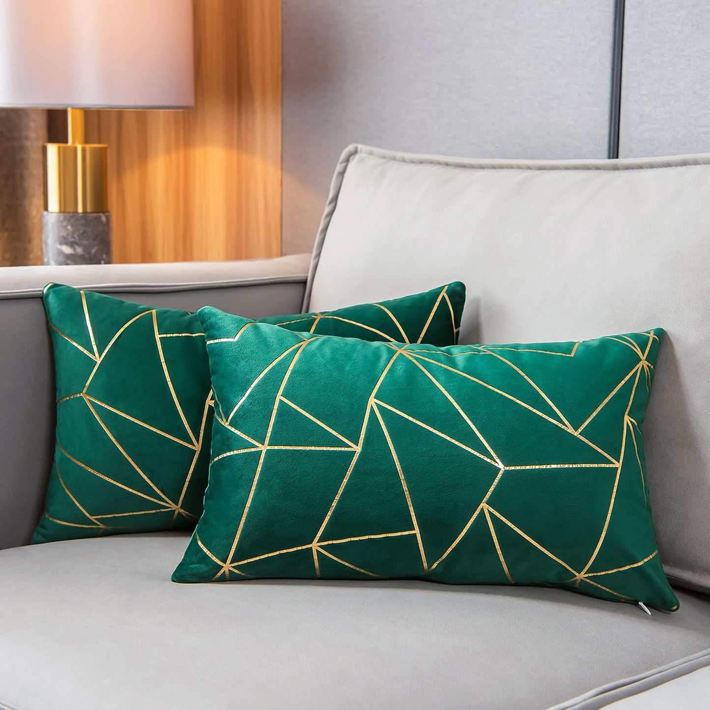 Throw Pillow Covers Velvet Decorative 2 Packs Ultra-Soft Geometrical Golden Foil Rectangle Cushion Case For,Christmas,Sofa,Bedroom,Car Couch Chair (Alpine Green, 12“X20”)
