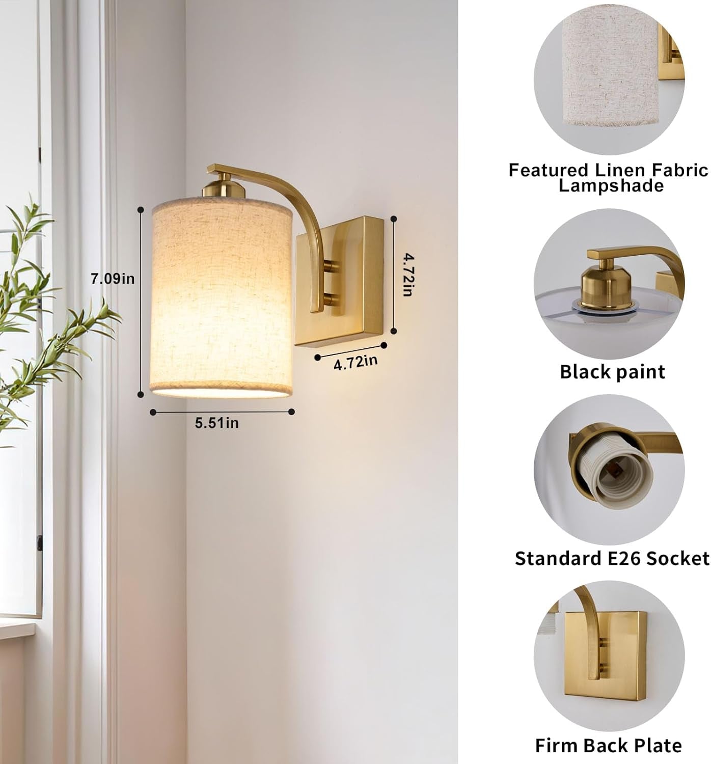 Gold Rechargeable Battery Operated Wall Sconces Set of 2 with Remote, Cordless Wall Lighting Lamp