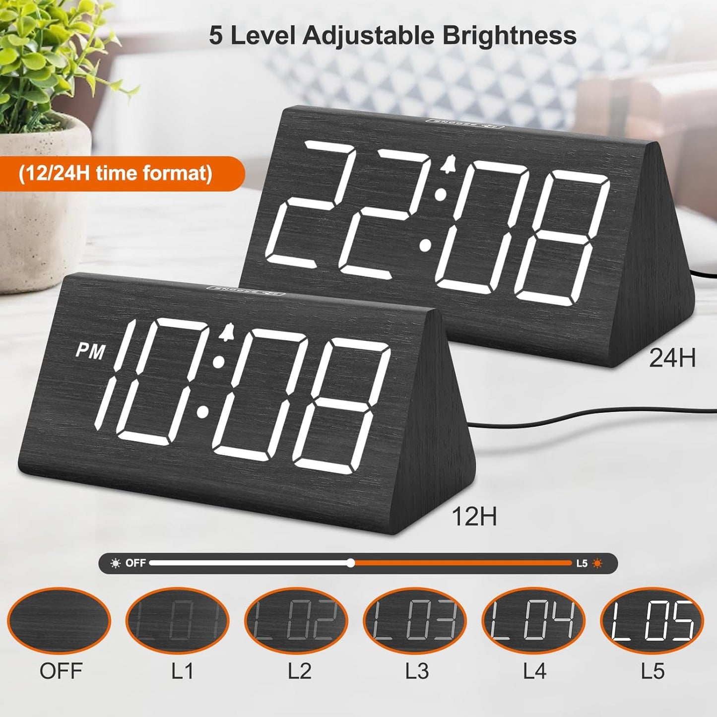 Wooden Digital Alarm Clocks for Bedrooms - Electric Desk Clock with Large Numbers, USB Port, Loud Alarm for Heavy Sleepers