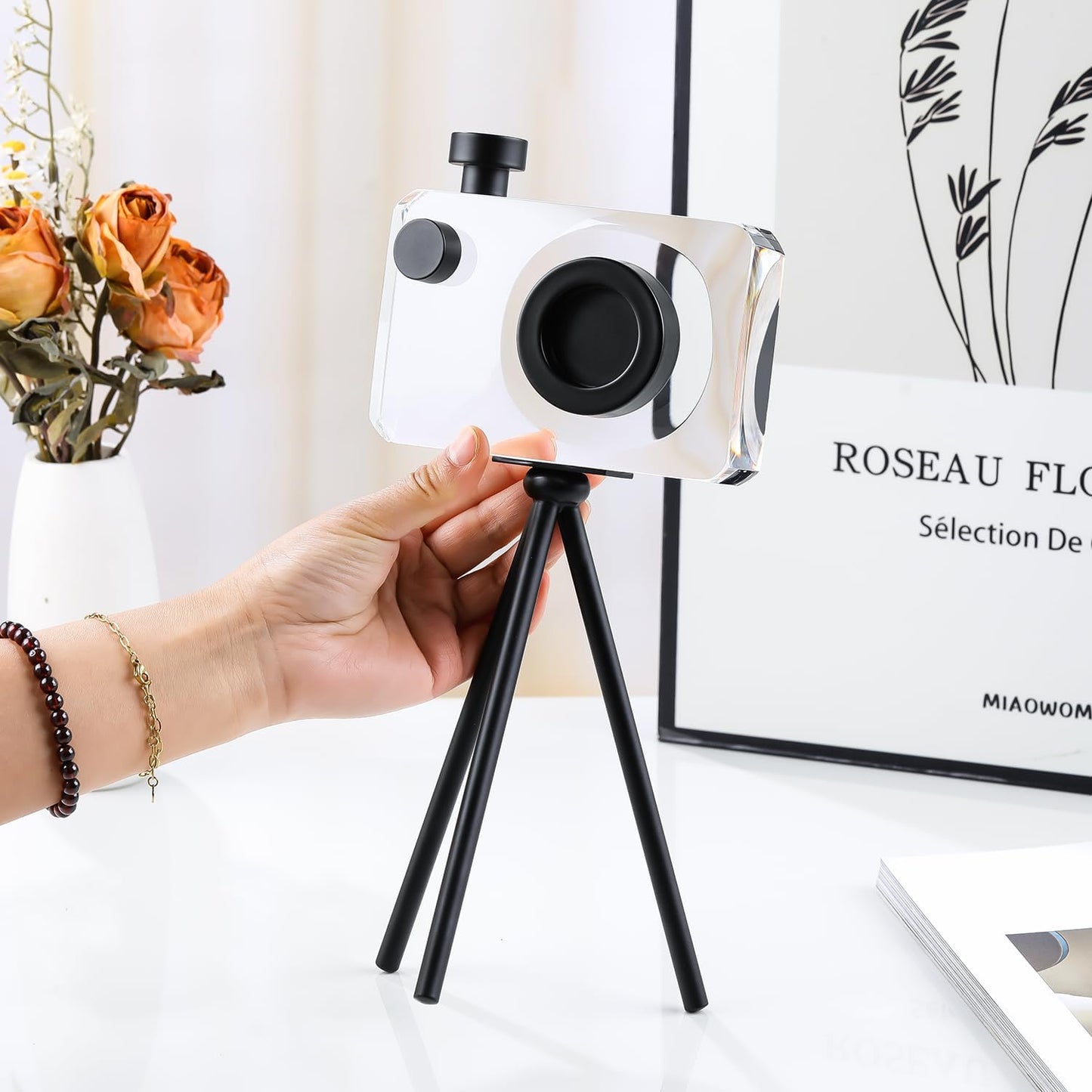 Crystal Camera Model Statues- Small Black with Bracket 3.94X5.12Inch 2.2Lb, Home Desktop Decoration