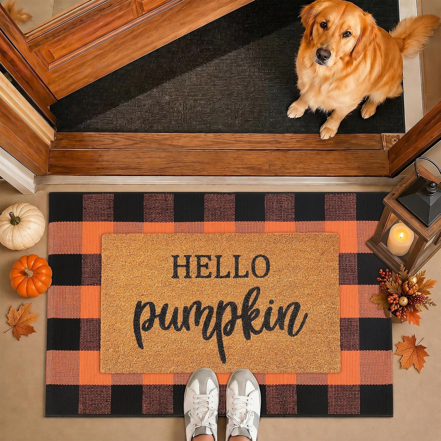 Fall Decor Door Mat Combo Set, 28 X 43 Inches Orange and Black Plaid Rug