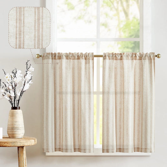Striped Curtains Linen Cafe Curtains Semi-Sheer Farmhouse Tier Curtains 24 Inch 2 Panels Short Curtains Rod Pocket Taupe on Beige