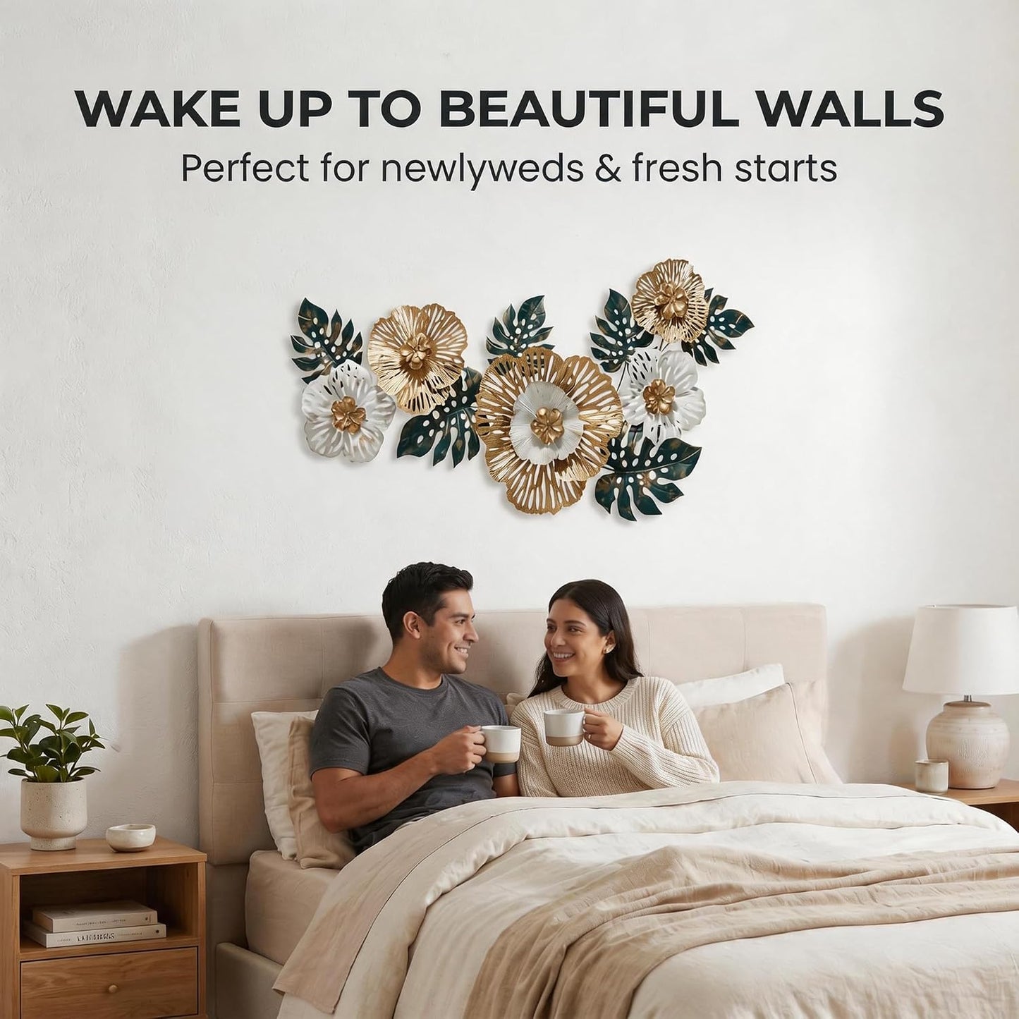 Large Modern Metal Wall Art, 3D Gold, White & Green Monstera Leaf Wall Sculpture, 43.3"L X 18.5"W