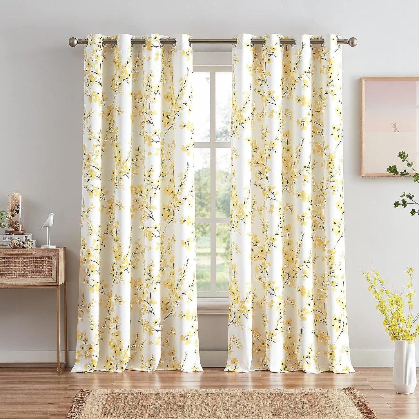 Floral Curtains, Farmhouse Yellow Apricot Flower Print , 52X84 Inch, 2 Panels