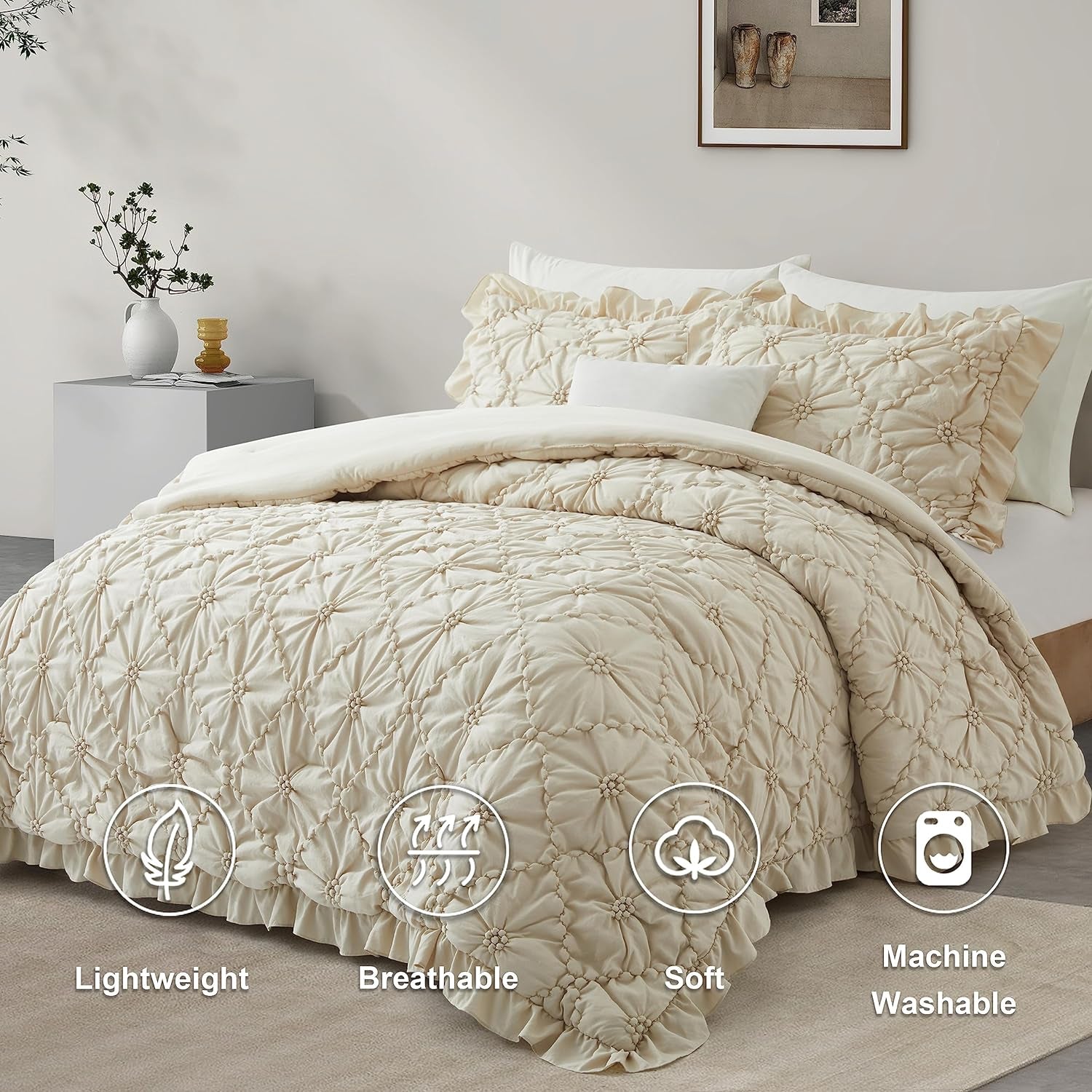 Comforter Set King Size, 3 Pieces Bed, Boho Down-with Ruffled Shams, Beige (102"*88")