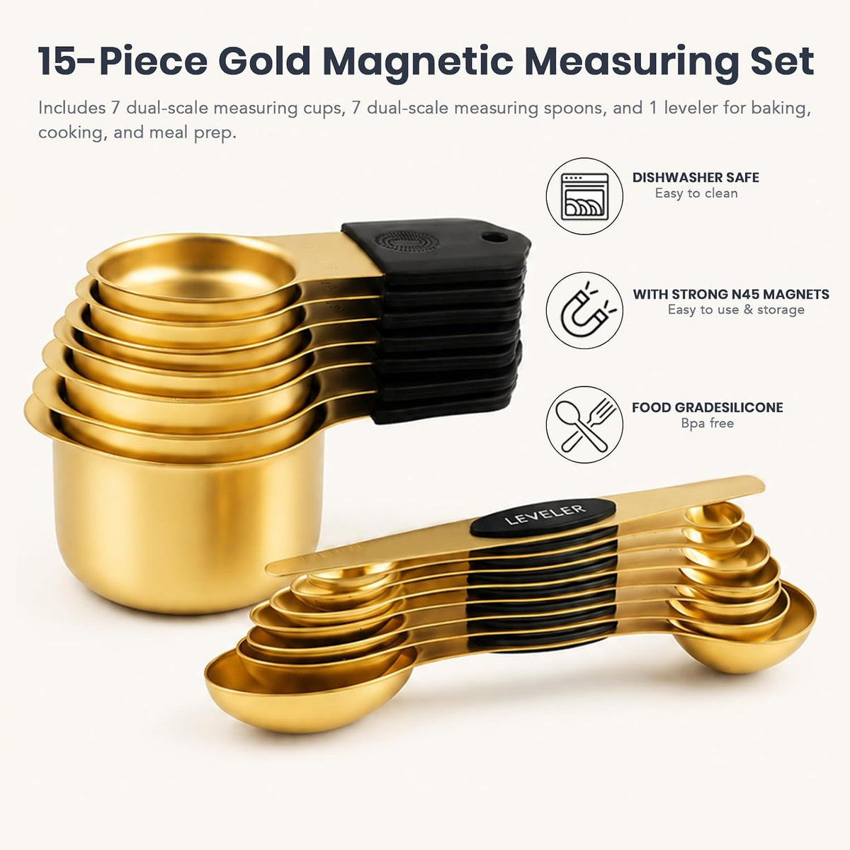 15-Piece Gold Magnetic Measuring Cups and Spoons with Leveler, Dual Scale
