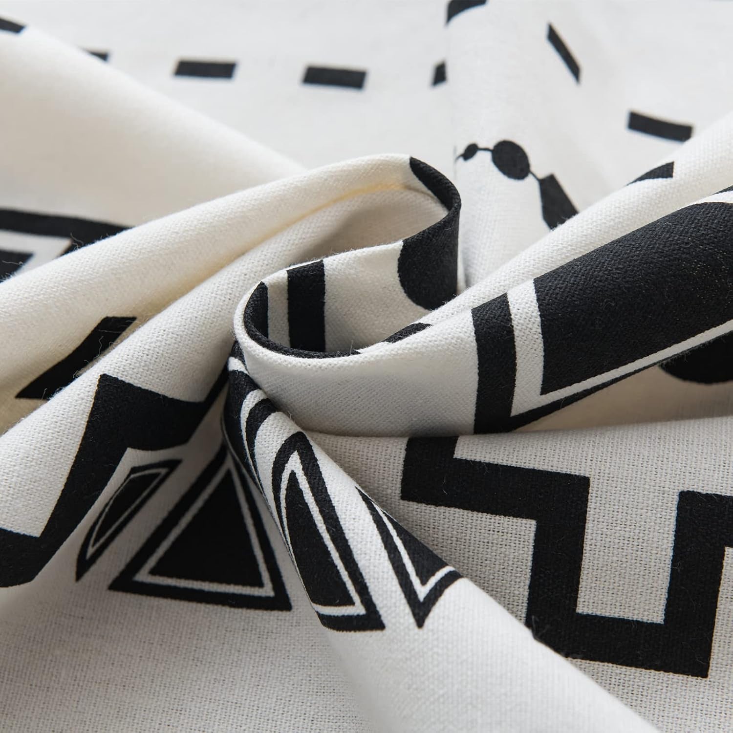 Black and White Boho Curtain 84 Inches Length for Bedroom, Printed Cotton Linen Geometric Rod Pocket Chic Semi Blackout Bohemian Tassels Window Treatment, 1 Panel 59" W X 84" L