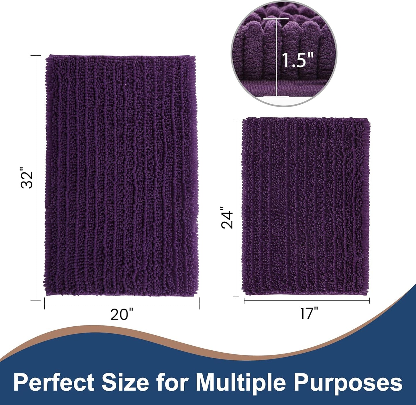 Luxury Chenille Plum Bathroom Rugs Sets 2 Piece, (32"X20"+17"X24")