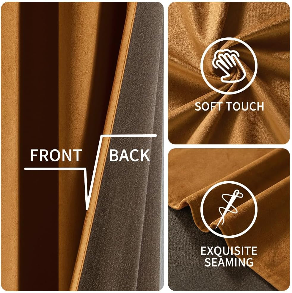 Fall Decor Velvet Curtains, Grommet Thermal Insulated, W52 X L84, 2 Panels, Gold Brown