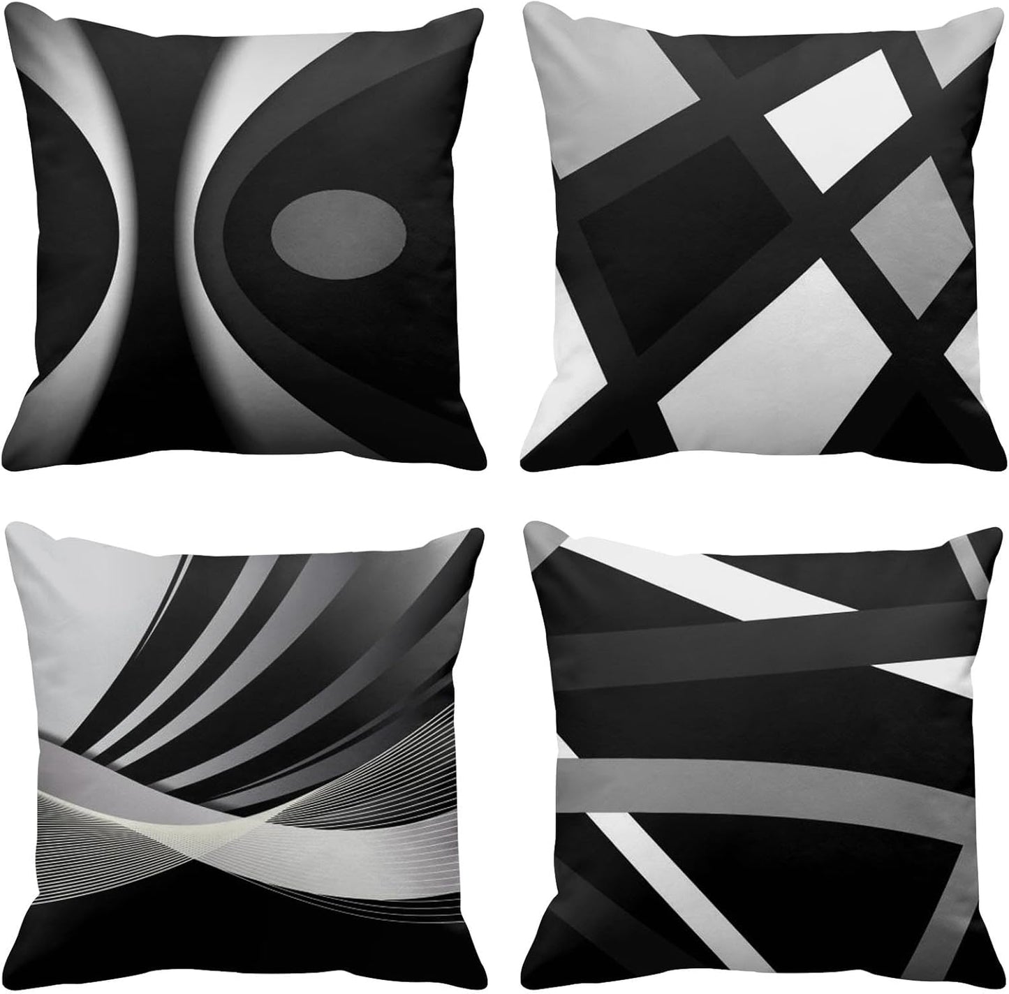 Set of 4 Black Throw Pillow Covers Modern Abstract Grey & White Stripes 20X20 Inches 