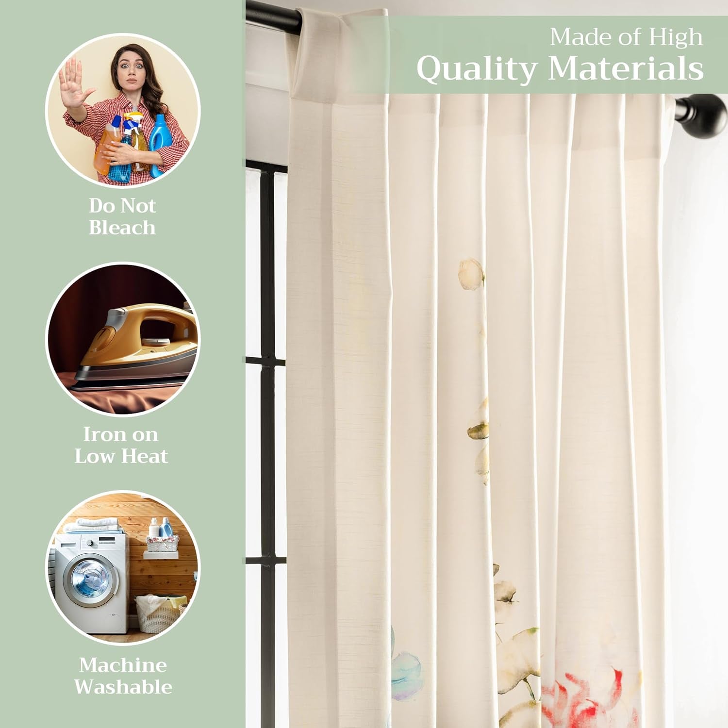 Maison D'Hermine Curtain,100% Cotton 96 Inch Length One Panel Window Curtain- Floral Beige, 50" W X 96" L