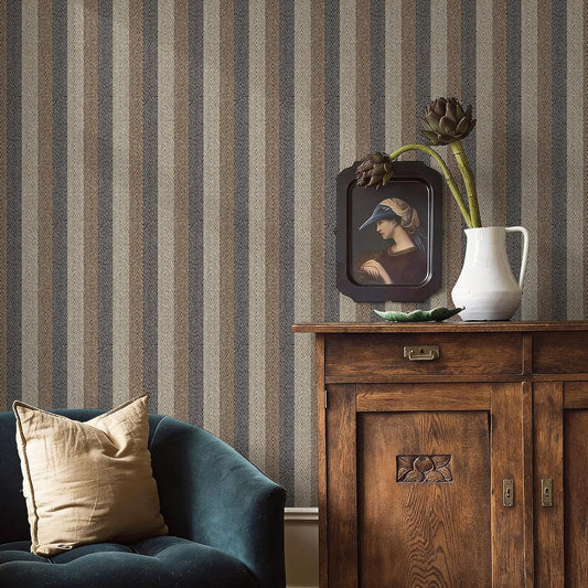 Textured Fabric Geometric Peel and Stick Wallpaper 17.3"X800" Black/Grey/Brown Stripes 