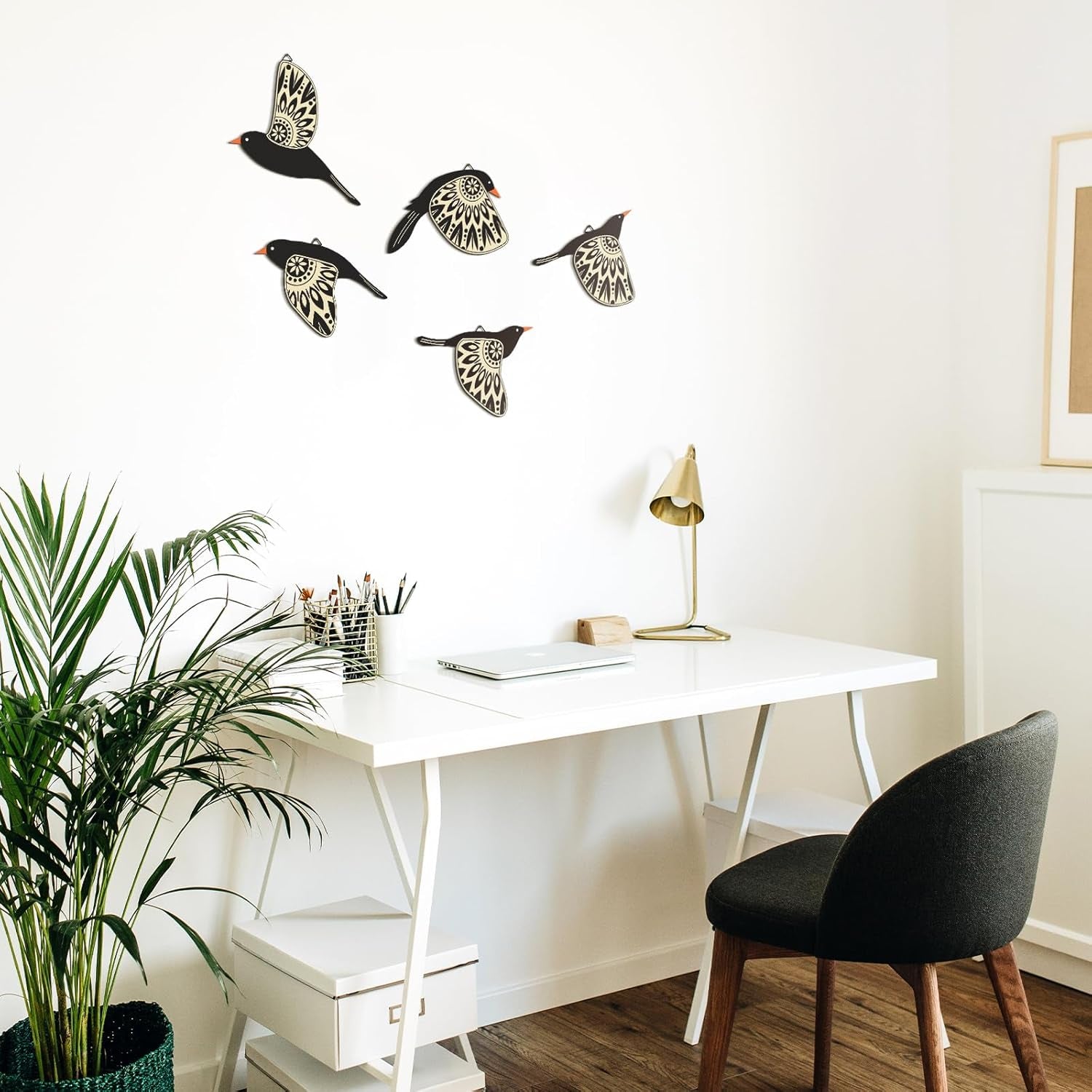 5 Pcs Wooden Bird Wall Art Wood Flying Birds Wall Decor (Black)